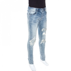 Amiri Blue Medium Washed Distressed Denim Bandana Patch Jeans M