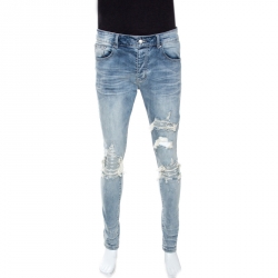 Amiri Blue Medium Washed Distressed Denim Bandana Patch Jeans M