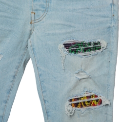 Pre Owned Amiri Blue Denim Contrast Patch Detail Distressed Skinny Jeans XS