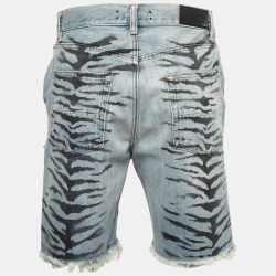 Pre Owned Amiri Light Blue Tiger Striped Distressed Denim Shorts M Waist 32"