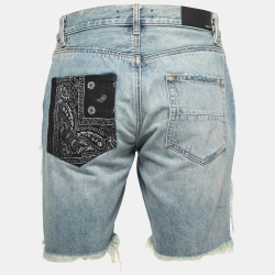 Pre Owned Amiri Light Blue Distressed Denim Bandana Detail Shorts S Waist 31"