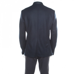 Pre Owned Armani Collezioni Navy Blue Wool Leather Front Panel Detail Zip Front Jacket XXL