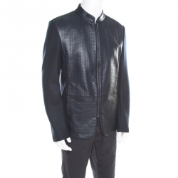 Pre Owned Armani Collezioni Navy Blue Wool Leather Front Panel Detail Zip Front Jacket XXL