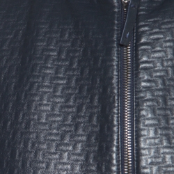 Pre Owned Armani Collezioni Navy Blue Wool Leather Front Panel Detail Zip Front Jacket XXL