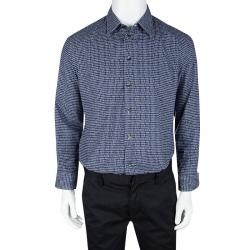 Armani Collezioni Blue and White Printed Long Sleeve Button Front Shirt L