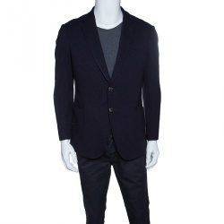 Pre Owned Armani Collezioni Navy Blue Knit Two Button Tailored Blazer L