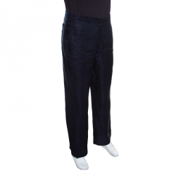 Pre Owned Armani Collezioni Navy Blue Linen Blend Wide Leg Trousers L