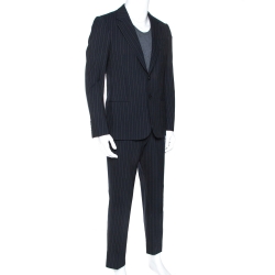 Pre Owned Armani Collezioni Dark Blue Pinstriped Wool Tailored Suit M