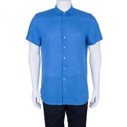 مملوكة مسبقًا قميص رجالي أرماني كوليزيوني كتان أكمام قصيرة أزرق L