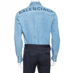 Pre Owned Balenciaga Blue Logo Print Denim Button Down Long Fit Shirt S