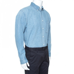 Pre Owned Balenciaga Blue Logo Print Denim Button Down Long Fit Shirt S