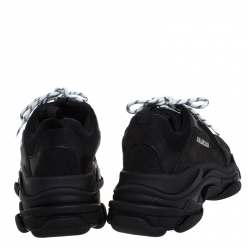 Pre Owned Balenciaga Black Mesh,Leather and Suede Triple S Sneakers Size 44