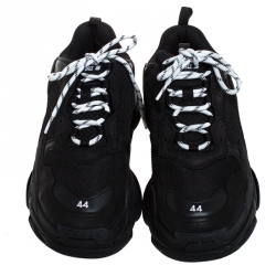 Pre Owned Balenciaga Black Mesh,Leather and Suede Triple S Sneakers Size 44