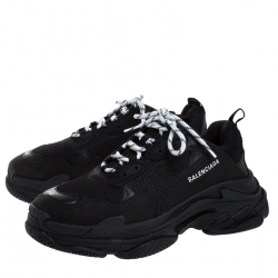 Pre Owned Balenciaga Black Mesh,Leather and Suede Triple S Sneakers Size 44