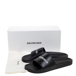 Pre Owned Balenciaga Black Leather Pool Flat Slides Size 42 