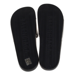 Pre Owned Balenciaga Black Leather Pool Flat Slides Size 42 
