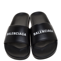 Pre Owned Balenciaga Black Leather Pool Flat Slides Size 42 