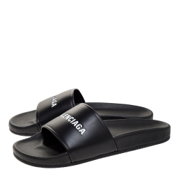 Pre Owned Balenciaga Black Leather Pool Flat Slides Size 42 
