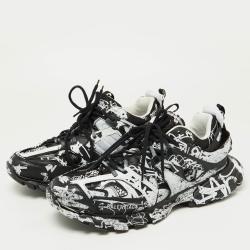 Pre Owned Balenciaga Black Graffiti Mesh and Faux Leather Track Sneakers Size 45