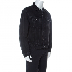 Pre Owned Balenciaga Black Denim Logo Embroidered Frayed Collar Jacket L 