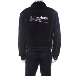 Pre Owned Balenciaga Black Denim Logo Embroidered Frayed Collar Jacket L 
