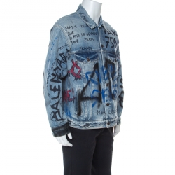 Pre Owned Balenciaga Indigo Seasonal Graffiti Print Oversized Denim Jacket S