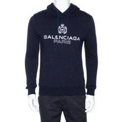 Pre Owned Balenciaga Navy Blue Logo Print Cotton Hooded Sweatshirt S