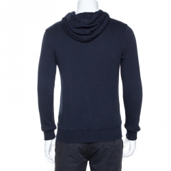 Pre Owned Balenciaga Navy Blue Logo Print Cotton Hooded Sweatshirt S