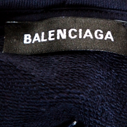 Pre Owned Balenciaga Navy Blue Logo Print Cotton Hooded Sweatshirt S