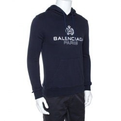 Pre Owned Balenciaga Navy Blue Logo Print Cotton Hooded Sweatshirt S
