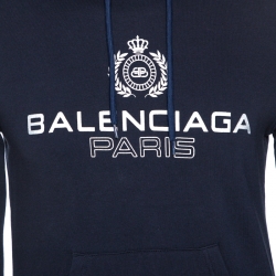 Pre Owned Balenciaga Navy Blue Logo Print Cotton Hooded Sweatshirt S