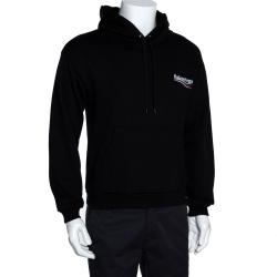 Pre Owned Balenciaga Black Cotton Logo Detail Hooded Sweatshirt S
