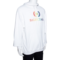 Pre Owned Balenciaga White Embroidered Logo Cotton Oversized Hoodie XS