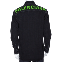 Pre Owned Balenciaga Black Rear Logo Print Denim Long Sleeve Oversized Shirt S