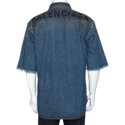 Pre Owned Balenciaga Indigo Logo Embroidered Rustic Denim Short Sleeve Shirt M