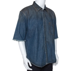Pre Owned Balenciaga Indigo Logo Embroidered Rustic Denim Short Sleeve Shirt M