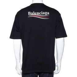 Pre Owned Balenciaga Black Cotton Campaign Logo Crew Neck T Shirt M