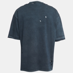 Pre Owned Balenciaga Blue Ripped Distressed Logo Print T-Shirt XL