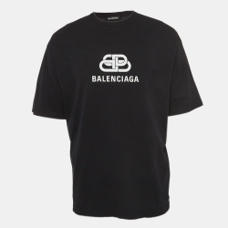 Pre Owned Balenciaga Black Logo Print Cotton Half Sleeve T-Shirt M