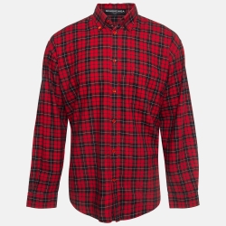 Pre Owned Balenciaga Red Logo Printed Plaid Cotton Oversized Shirt M