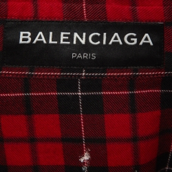 Pre Owned Balenciaga Red Logo Printed Plaid Cotton Oversized Shirt M