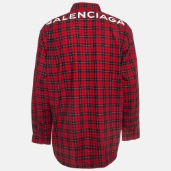Pre Owned Balenciaga Red Logo Printed Plaid Cotton Oversized Shirt M