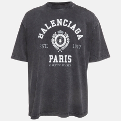 Pre Owned Balenciaga Grey Vintage Washed Logo Print Cotton Knit Tshirt L
