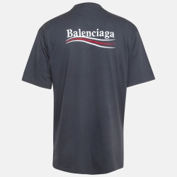 Pre Owned Balenciaga Grey Embroidered Cotton Oversized T-Shirt XS