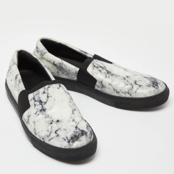 Pre Owned Balenciaga White/Black Marble Print Leather Slip On Sneakers Size 46