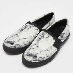 Pre Owned Balenciaga White/Black Marble Print Leather Slip On Sneakers Size 46
