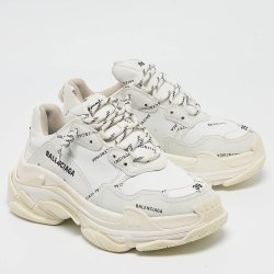 Pre Owned Balenciaga White Leather Triple S All Over Logo Sneakers Size 39