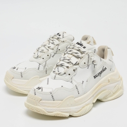 Pre Owned Balenciaga White Leather Triple S All Over Logo Sneakers Size 39