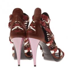 Pre Owned حذاء بوط بالنسيياغا جلد بني تصميم القفص للكاحل مقاس 38