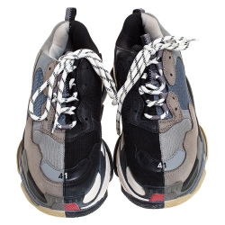 Pre Owned حذاء رياضي بالنسياغا تريبل أس منخفض من أعلى شبكة و جلد رصاصي و أسود مقاس 41